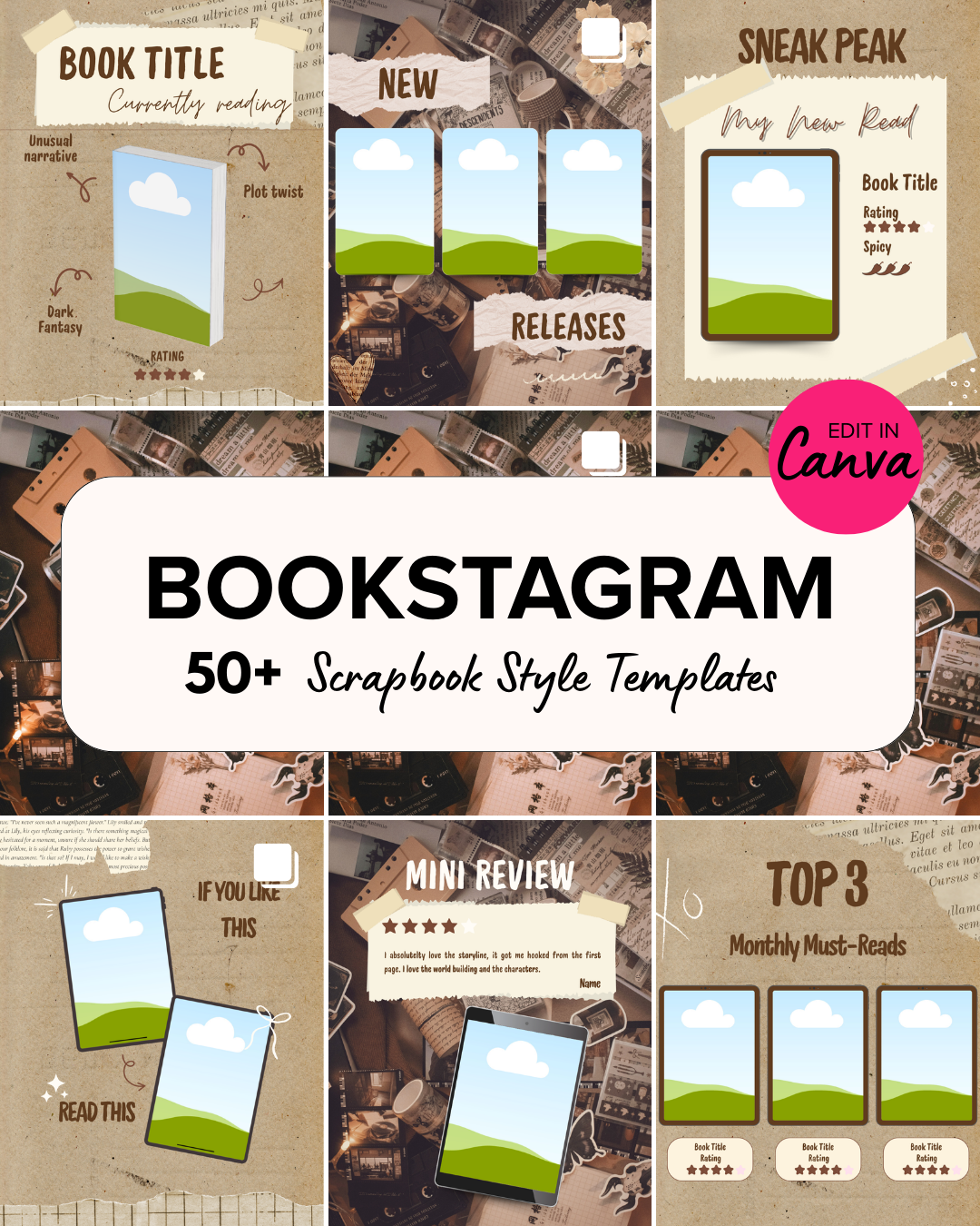 COMPLETE PACKAGE Bookstagram Guide + 50 Scrapbook templates + 30 Day Content Planner